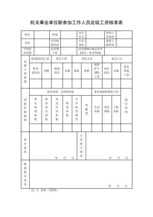 机关事业单位新参加工作人员定级工资核准表