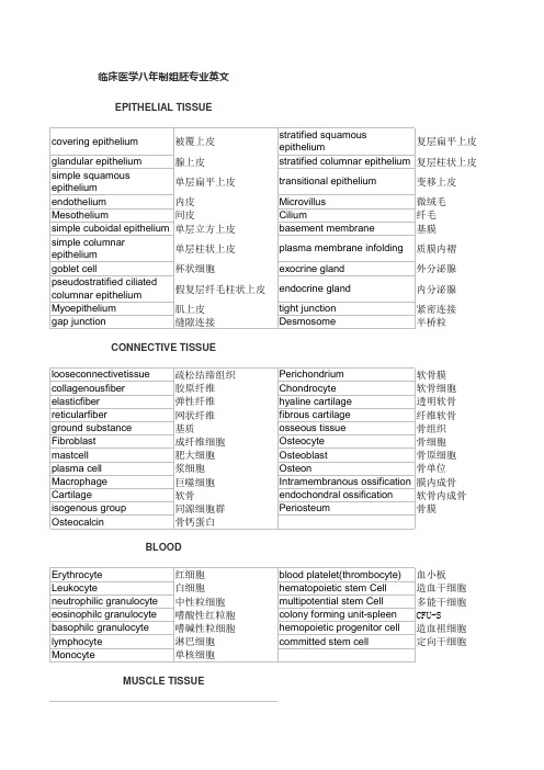 组织胚胎学专业英文单词整理对照