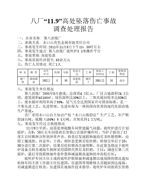 八厂“11.9”谢三明死亡事故调查报告