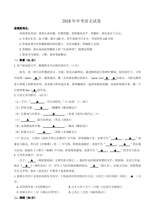 2019年初中毕业生学业水平考试试卷语文(含答案) (2)