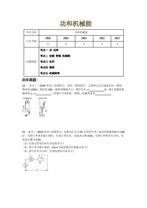 苏州 中考 专题 配套练习  功和机械能 学生版