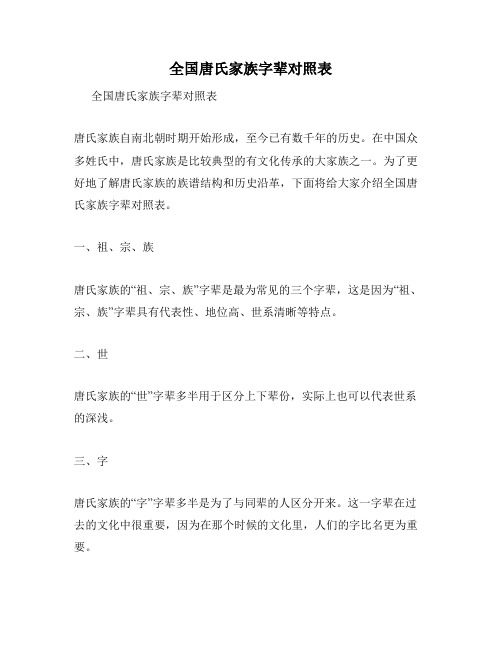 全国唐氏家族字辈对照表