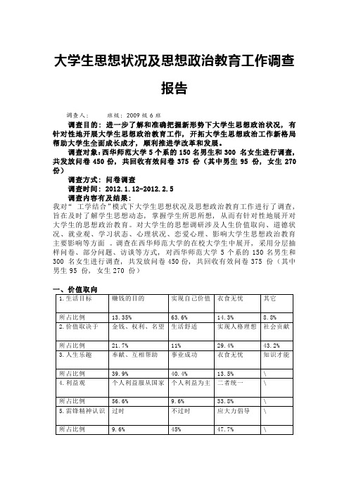 大学生思想状况及思想政治教育工作调查报告