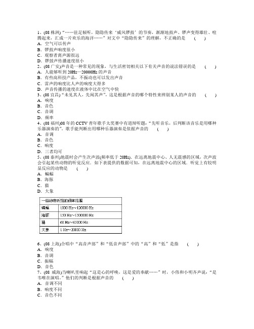 2008年至2014年中考物理试题2.2声音的特征选择题