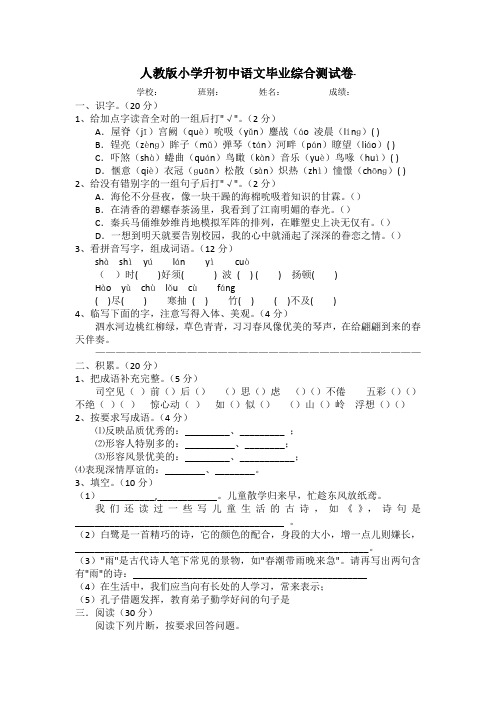 人教版小学升初中语文毕业综合测试卷