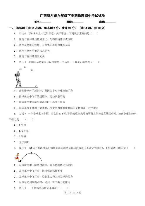 广西崇左市八年级下学期物理期中考试试卷