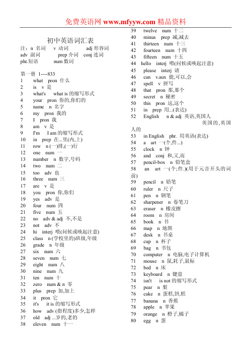 初中英语词汇表分课分册含翻译