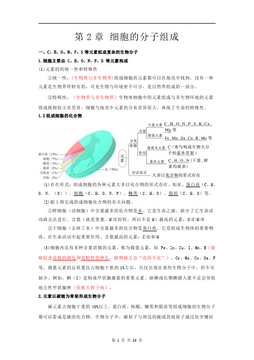 上海市高中生物必修1：第二章细胞的分子组成知识点