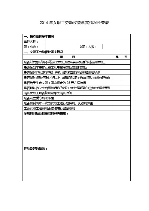 2014年女职工劳动权益落实情况检查表