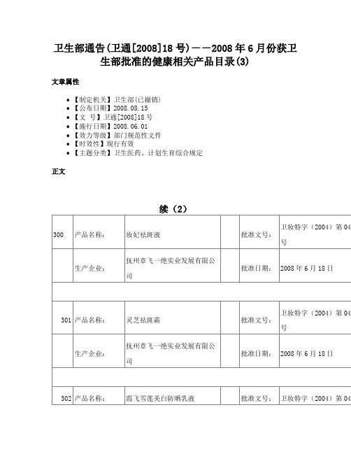 卫生部通告(卫通[2008]18号)－－2008年6月份获卫生部批准的健康相关产品目录(3)