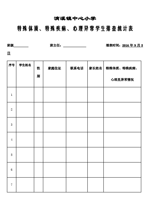 特殊体质 特殊疾病 心理异常学生排查统计表