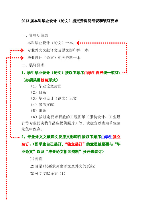 2013届本科毕业设计(论文)提交资料明细表和装订要求