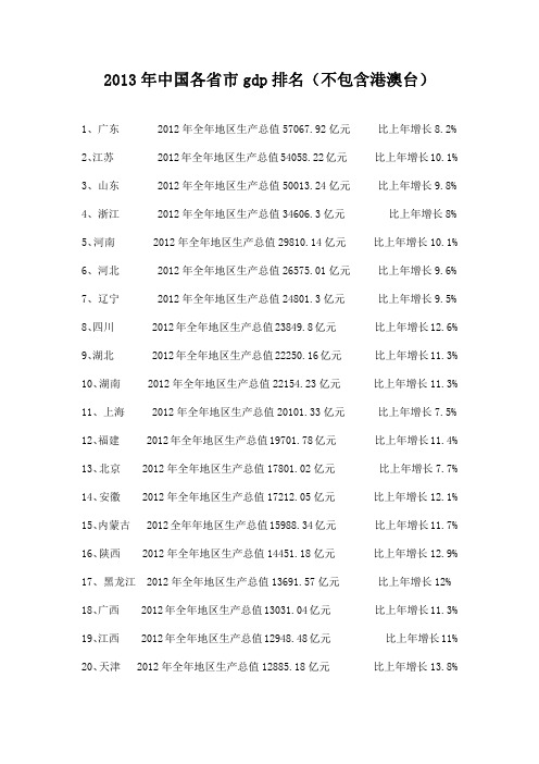 2013年全国各省市GDP排名