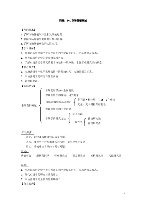 【江苏】中职市场营销学(主编胡志勇 商业版)一轮复习学案：1.1 市场营销概述