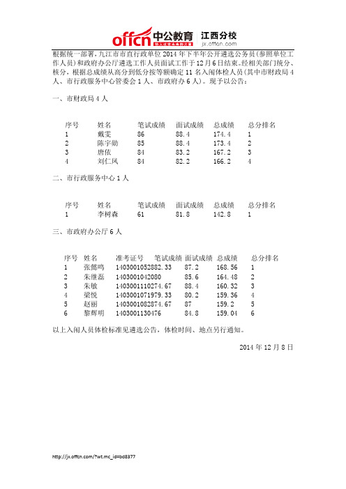 2014年下半年九江市市直行政单位公开遴选公务员(参照单位工作人员)和政府办公厅遴选工作人员