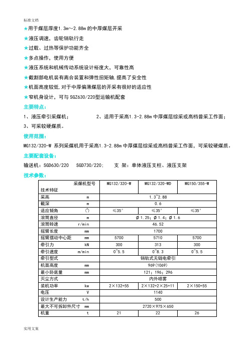 采煤机型号及主要全参数