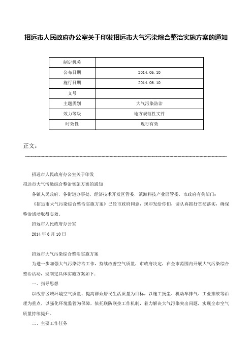 招远市人民政府办公室关于印发招远市大气污染综合整治实施方案的通知-