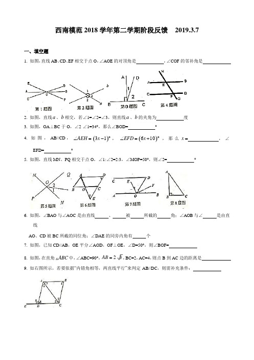 2018-2019年上海市西南模范中学七年级下期第一次月考数学试题