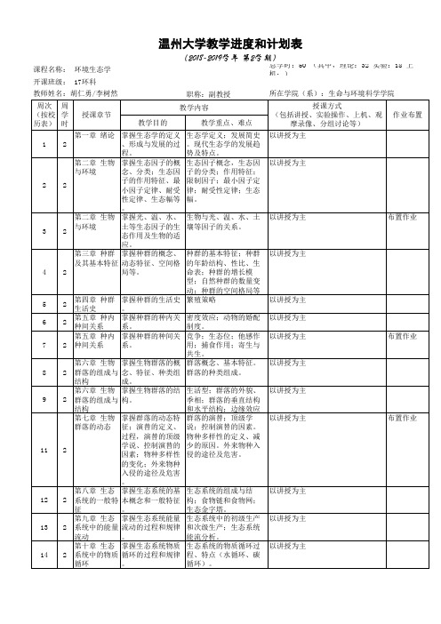 17 2018-2019-2 环境生态学教学进度表 17环本 胡仁勇