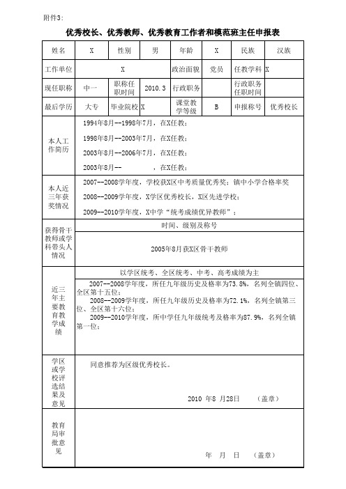 优秀校长、优秀教师、优秀教育工作者和模范班主任申报表