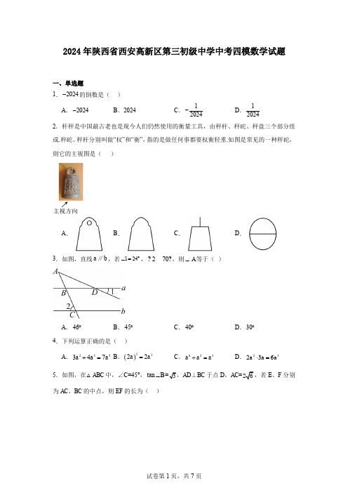 2024年陕西省西安高新区第三初级中学中考四模数学试题