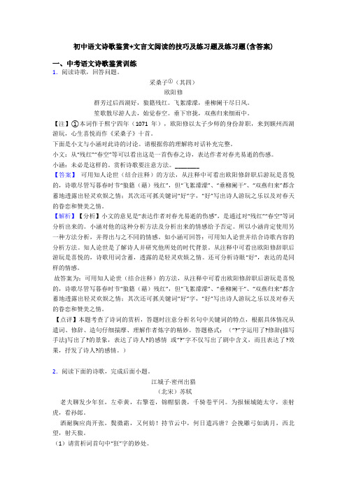 初中语文诗歌鉴赏+文言文阅读的技巧及练习题及练习题(含答案)