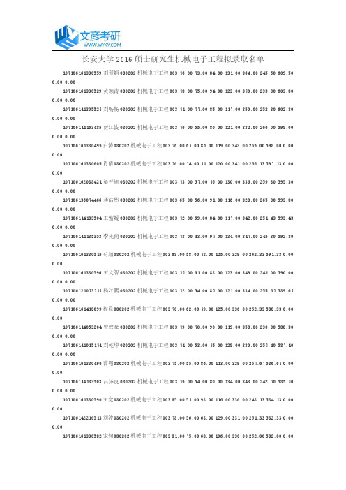 长安大学2016硕士研究生机械电子工程拟录取名单