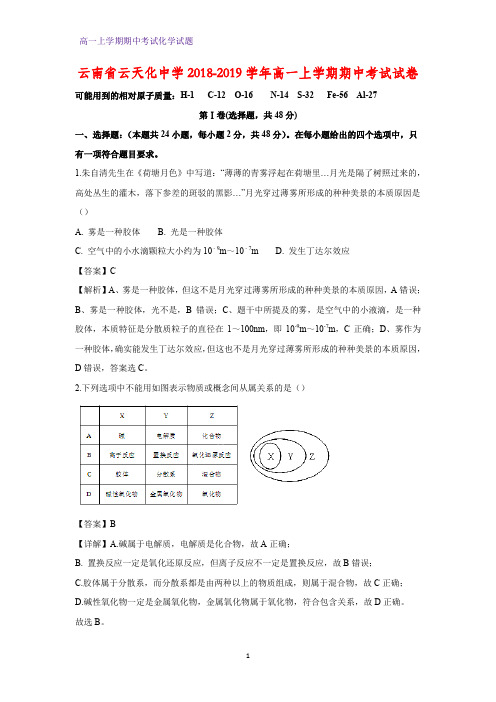 2018-2019学年云南省云天化中学高一上学期期中考试化学试卷(答案+解析)