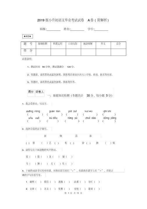 2019版小升初语文毕业考试试卷A卷(附解析)