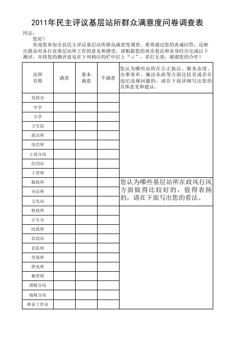 2011年民主评议基层站所群众满意度问卷调查表