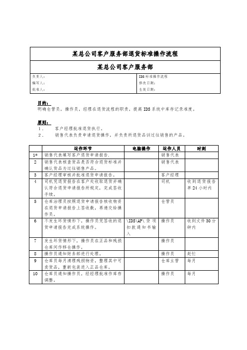 某总公司客户服务部退货标准操作流程