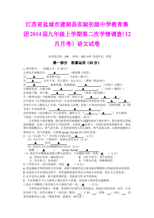 江苏省盐城市建湖县实验初级中学教育集团2014届九年级上学期第二次学情调查(12月月考)语文试卷