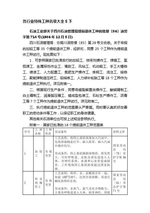 各行业特殊工种名录大全5下