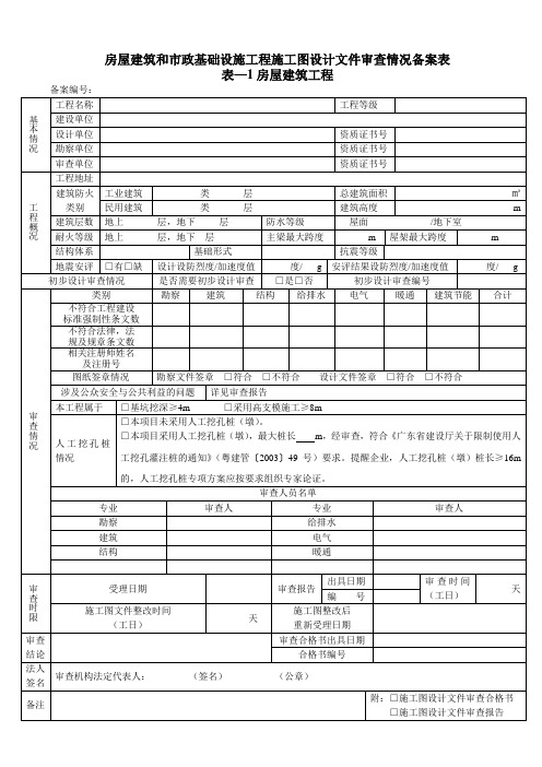 房屋建筑与市政基础设施工程施工图设计文件审查情况备案表