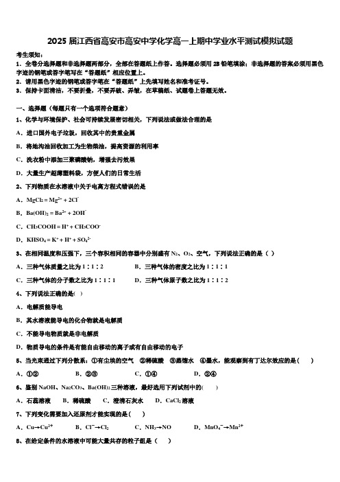 2025届江西省高安市高安中学化学高一上期中学业水平测试模拟试题含解析