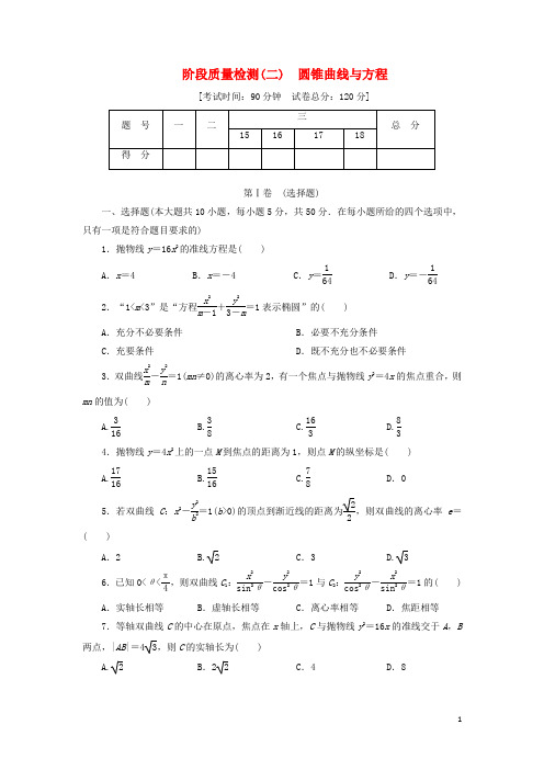 2017_2018学年高中数学阶段质量检测(二)圆锥曲线与方程新人教B版选修1_1