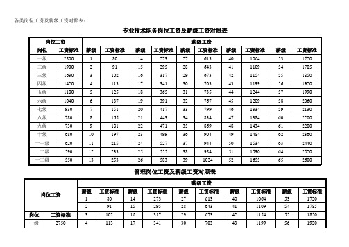 专业技术职务岗位工资及薪级工资对照表