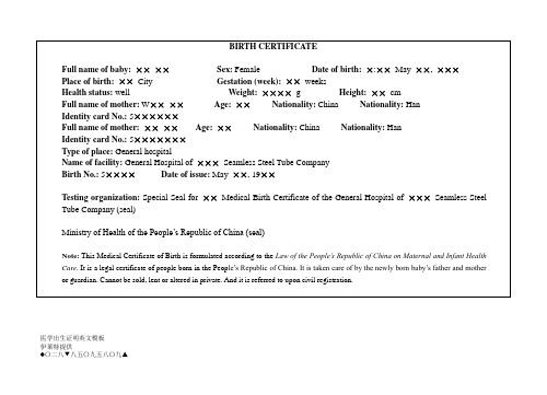 医学出生证明英文模板