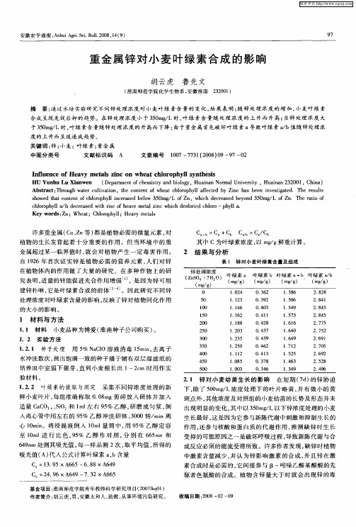 重金属锌对小麦叶绿素合成的影响