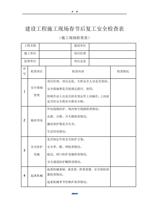 建设工程施工现场春节后复工安全检查表