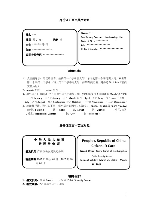 (完整版)身份证件英文翻译模板