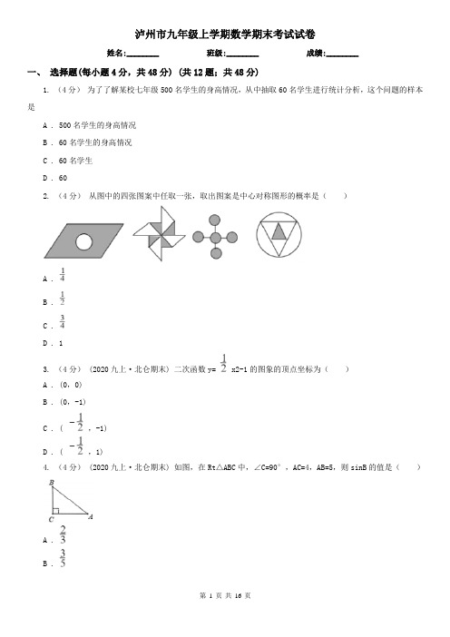 泸州市九年级上学期数学期末考试试卷