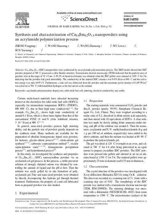 Synthesis and characterization of Ce_0.8Sm_0.2O_1.9 nanopowders using an acrylamide polymerizati