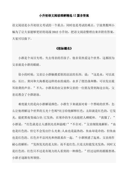 小升初语文阅读理解精选12篇含答案