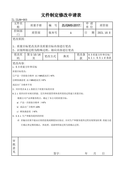 文件制定修改申请表(质量手册) -0928