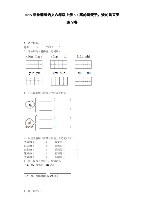 六年级上语文一课一练-高的是麦子,矮的是豆荚｜长春版