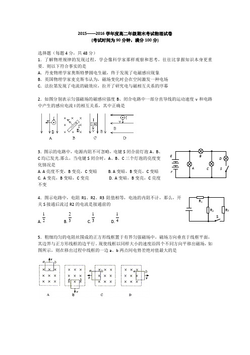 2015——2016学年度上学期高二期末物理试卷