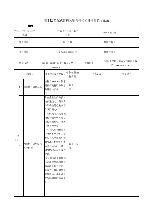 表132装配式结构预制构件检验批质量验收记录