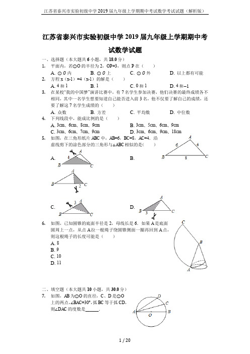 江苏省泰兴市实验初级中学2019届九年级上学期期中考试数学考试试题(解析版)