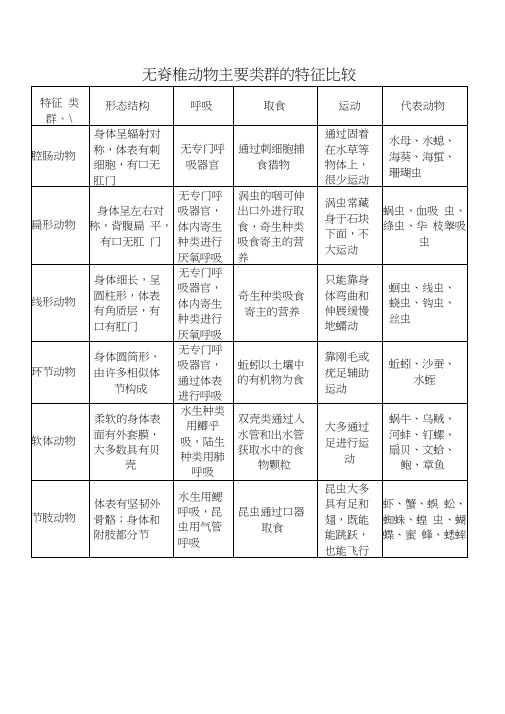 无脊椎和脊椎动物各类群特征比较